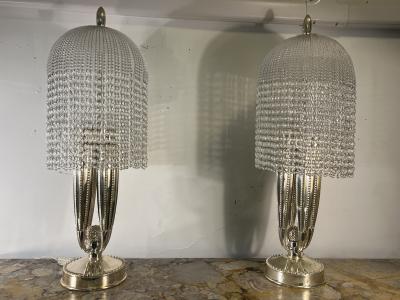  mile Jacques Ruhlmann ART DECO REVIVAL BRONZE AND GLASS BEAD LAMPS AFTER EMILE JACQUES RULHMANN