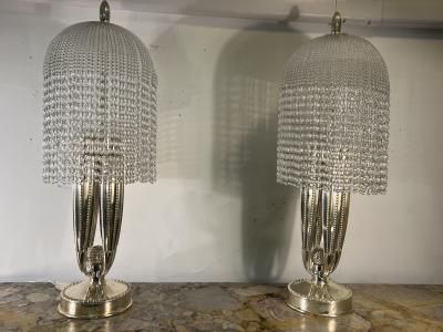  mile Jacques Ruhlmann ART DECO REVIVAL BRONZE AND GLASS BEAD LAMPS AFTER EMILE JACQUES RULHMANN