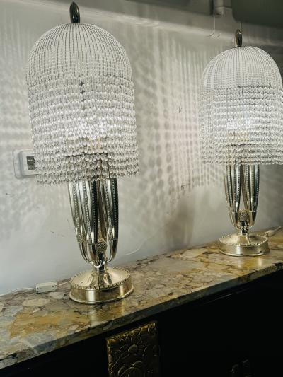  mile Jacques Ruhlmann ART DECO REVIVAL BRONZE AND GLASS BEAD LAMPS AFTER EMILE JACQUES RULHMANN