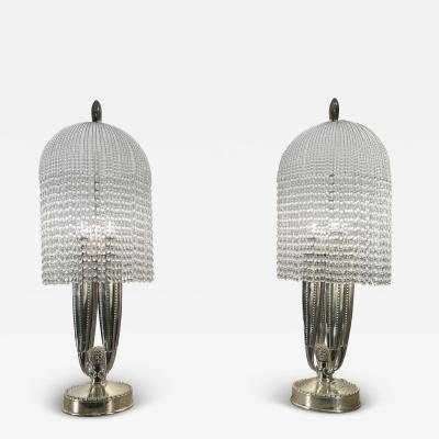  mile Jacques Ruhlmann ART DECO REVIVAL BRONZE AND GLASS BEAD LAMPS AFTER EMILE JACQUES RULHMANN