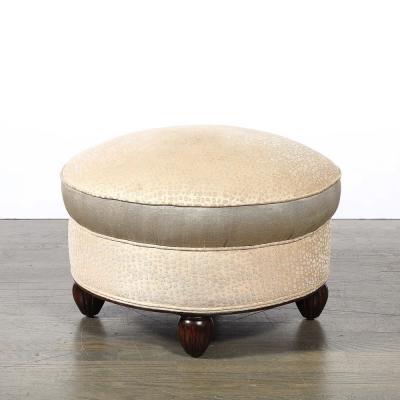  mile Jacques Ruhlmann Art Deco Upholstered Ottomans with Walnut Reeded Supports Manner of Ruhlmann