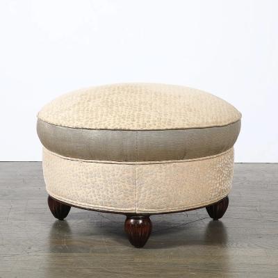  mile Jacques Ruhlmann Art Deco Upholstered Ottomans with Walnut Reeded Supports Manner of Ruhlmann