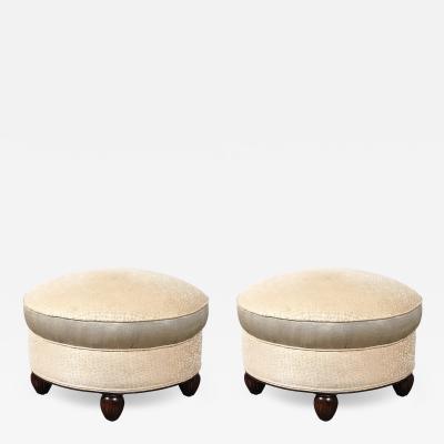 mile Jacques Ruhlmann Art Deco Upholstered Ottomans with Walnut Reeded Supports Manner of Ruhlmann