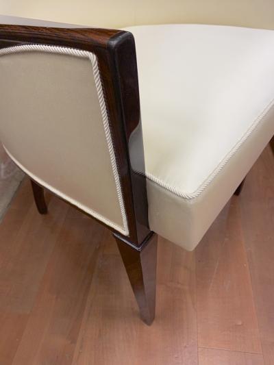  mile Jacques Ruhlmann J E Ruhlmann pair of refined solid Makassar arm chairs covered in satin silk