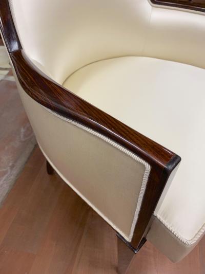  mile Jacques Ruhlmann J E Ruhlmann pair of refined solid Makassar arm chairs covered in satin silk