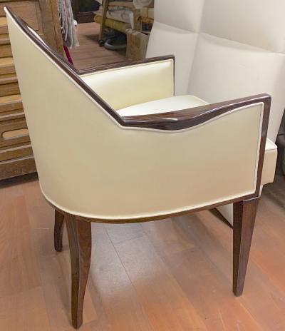 mile Jacques Ruhlmann J E Ruhlmann pair of refined solid Makassar arm chairs covered in satin silk