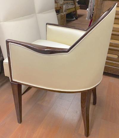  mile Jacques Ruhlmann J E Ruhlmann pair of refined solid Makassar arm chairs covered in satin silk