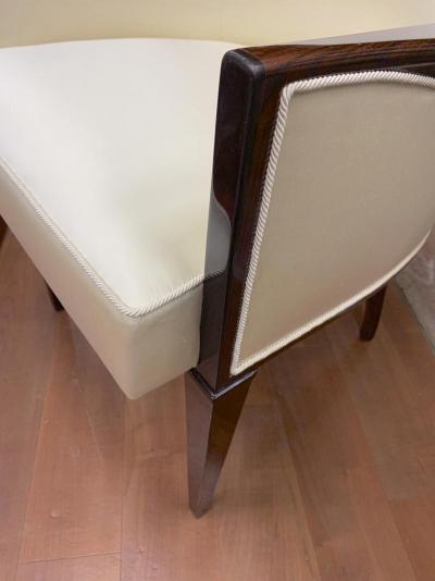  mile Jacques Ruhlmann J E Ruhlmann pair of refined solid Makassar arm chairs covered in satin silk