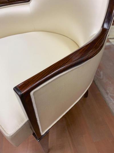  mile Jacques Ruhlmann J E Ruhlmann pair of refined solid Makassar arm chairs covered in satin silk