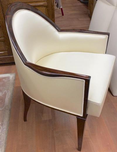  mile Jacques Ruhlmann J E Ruhlmann pair of refined solid Makassar arm chairs covered in satin silk