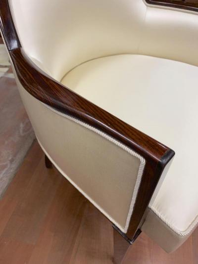  mile Jacques Ruhlmann J E Ruhlmann pair of refined solid Makassar arm chairs covered in satin silk