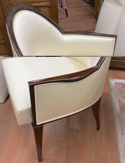  mile Jacques Ruhlmann J E Ruhlmann pair of refined solid Makassar arm chairs covered in satin silk