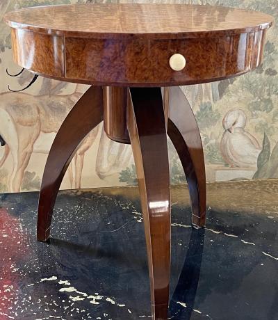  mile Jacques Ruhlmann Ruhlmann style art deco refined burl tripod coffee table