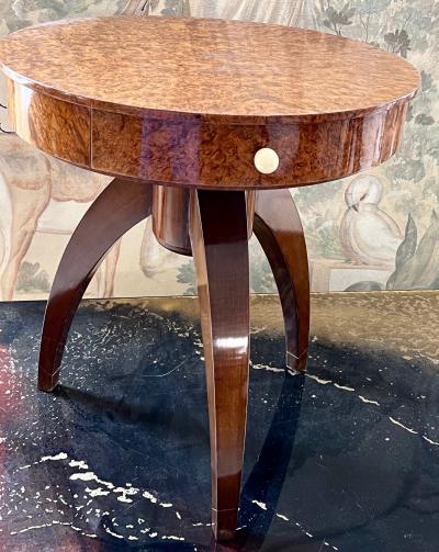  mile Jacques Ruhlmann Ruhlmann style art deco refined burl tripod coffee table