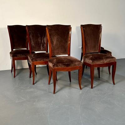 mile Jacques Ruhlmann Six French Art Deco Walnut Dining Side Chairs Brown Velvet Ruhlman Style