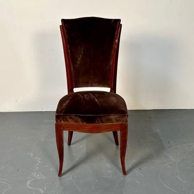 mile Jacques Ruhlmann Six French Art Deco Walnut Dining Side Chairs Brown Velvet Ruhlman Style