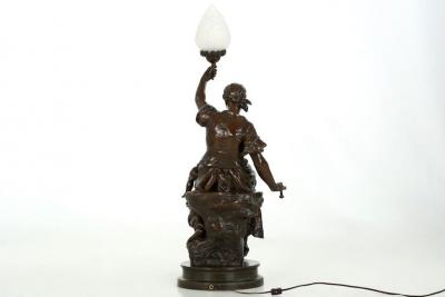  mile Peynot French Bronze Torchiere Lamp with Sculpture by mile Peynot