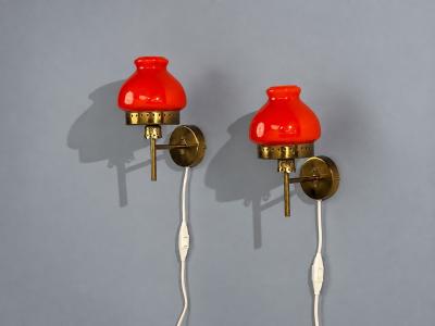  rsj Industri AB Wall Lights Brass Orange Glass Sweden 1970s