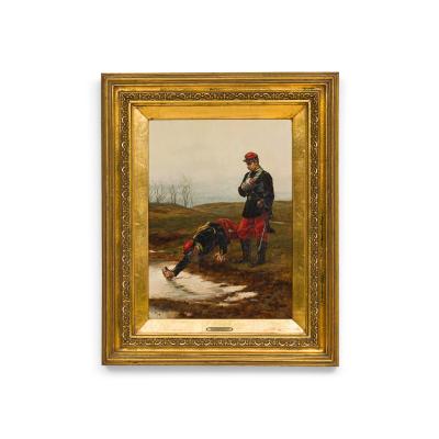  tienne Prosper Berne Bellecour French 19th C oil painting of 2 soldiers by a stream signed E Berne Bellacour