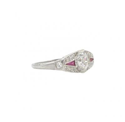 0 80 CARAT OLD EUROPEAN CUT DIAMOND AND RUBY ART DECO PLATINUM RING