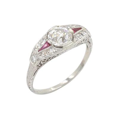 0 80 CARAT OLD EUROPEAN CUT DIAMOND AND RUBY ART DECO PLATINUM RING