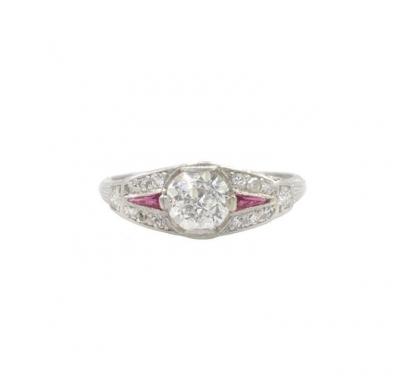 0 80 CARAT OLD EUROPEAN CUT DIAMOND AND RUBY ART DECO PLATINUM RING