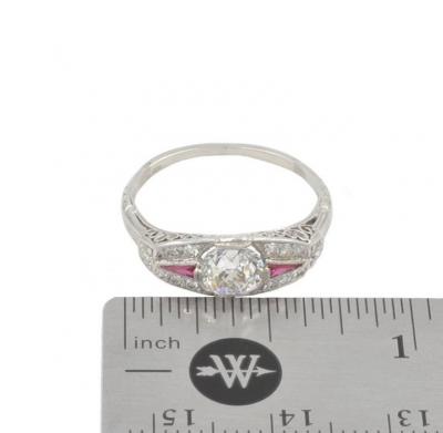 0 80 CARAT OLD EUROPEAN CUT DIAMOND AND RUBY ART DECO PLATINUM RING