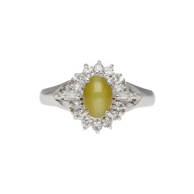 1 04 Carat Green Chrysoberyl Cats Eye and Diamond Platinum Art Deco Style Ring