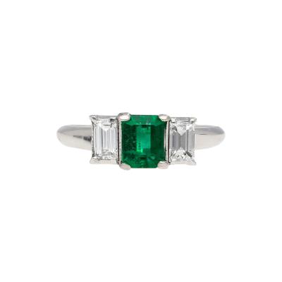 1 07 Carat Square Cut Emerald and Diamond Three Stone Platinum Ring