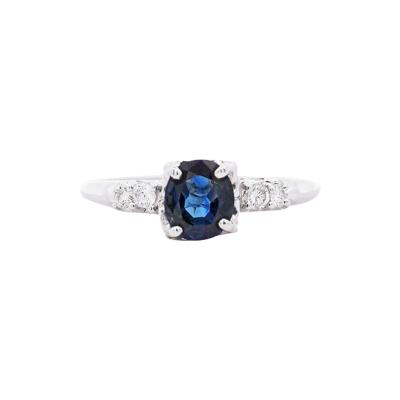 1 13 Carat Cushion Cut Sapphire Side Diamond in 14K White Gold Engagement Ring