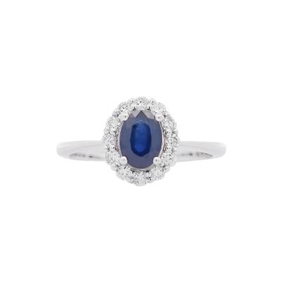 1 14 Carat Oval Deep Blue Sapphire Round Diamond 18K White Gold Statement Ring