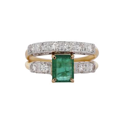 1 5 Carat Emerald and Old Cut Diamond 2 Piece Wedding Band and Ring Set