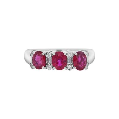 1 67 Carat Oval Cut Ruby and Diamond Three Stone Band Ring