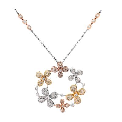 1 81 Carat Round Diamond in 14K Tri Color Gold Flower Wreath Pendant Necklace