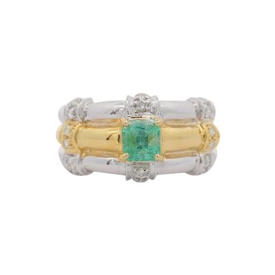 1 Carat Square Cut Emerald and Diamond Platinum 18K Gold Ribbed Ring