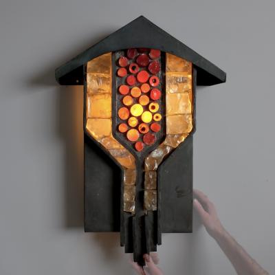 1 of 2 Large 1940s Verdigris Copper and Glass Block Wall Lights Italy