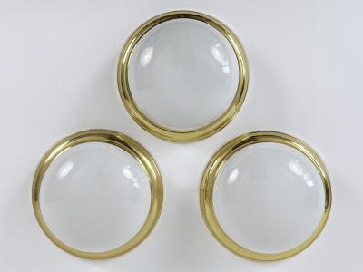 1 of 3 Vintage Brass Opaline Glass Flush Mounts or Sconces Germany 1970s