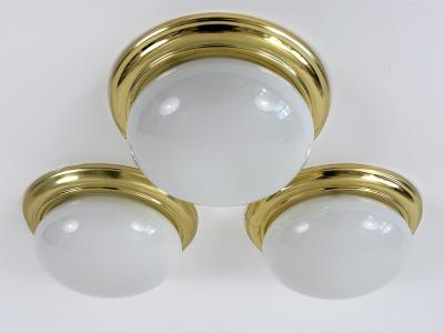1 of 3 Vintage Brass Opaline Glass Flush Mounts or Sconces Germany 1970s