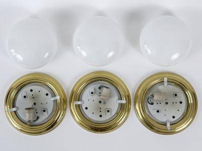 1 of 3 Vintage Brass Opaline Glass Flush Mounts or Sconces Germany 1970s
