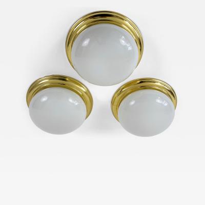 1 of 3 Vintage Brass Opaline Glass Flush Mounts or Sconces Germany 1970s