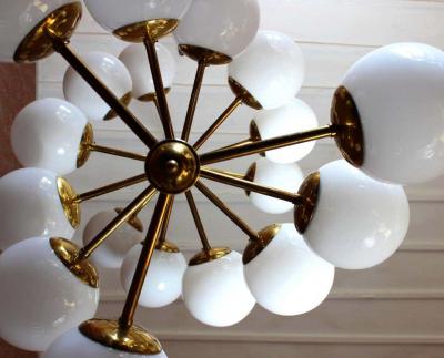1 of 4 Gigantic Brass Opal Glass Chandelier Germany 1970s