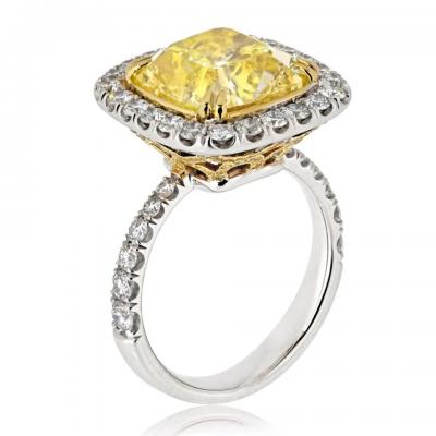 10 CARAT CUSHION CUT DIAMOND FANCY INTENSE YELLOW GIA HALO RING
