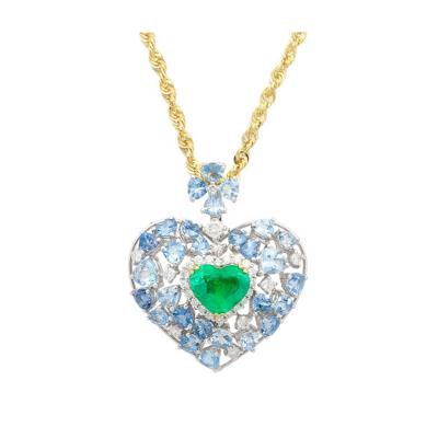 10 Carat Heart Shape Colombian Emerald Aquamarine and Diamond 18K Necklace