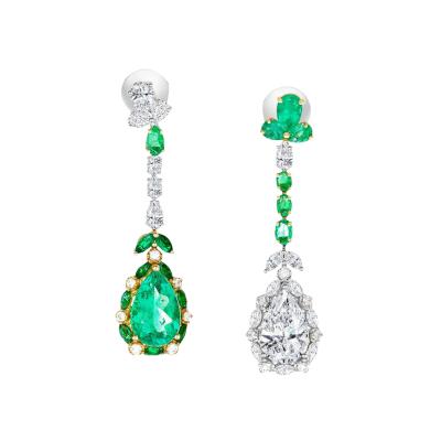 10 Carat Natural Emerald and Diamond Mirrored Drop Earrings in 18K Gold