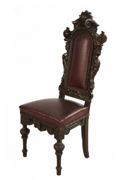 10 Italian Renaissance Style Walnut and Leather High Back Dining Side Chairs