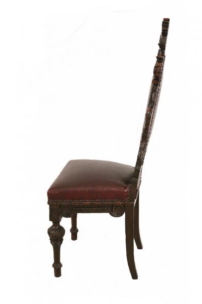 10 Italian Renaissance Style Walnut and Leather High Back Dining Side Chairs