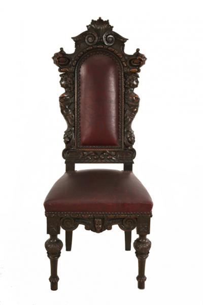 10 Italian Renaissance Style Walnut and Leather High Back Dining Side Chairs
