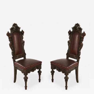 10 Italian Renaissance Style Walnut and Leather High Back Dining Side Chairs
