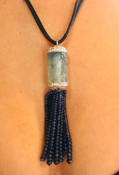 100 Carat Aquamarine Platinum and Diamond Pendant Tassle