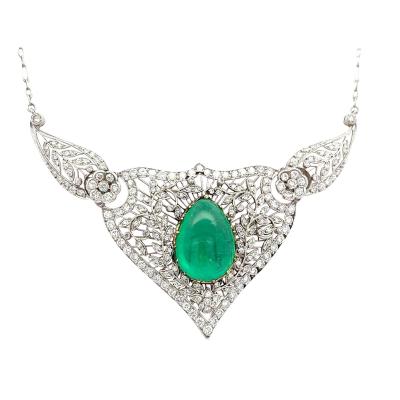 11 Carat Cabochon Drop Emerald and Diamond Floral Filigree Platinum Necklace